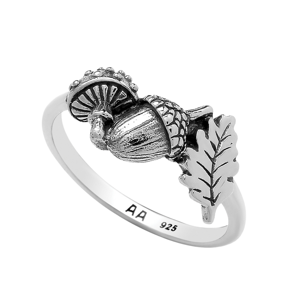 Sterling silver toadstool acorn leaf woodland autumn nature ring jewellery