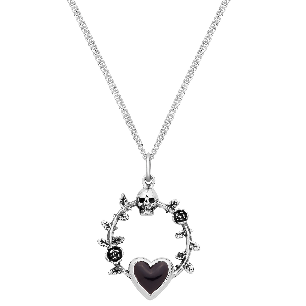 Sterling silver skull onyx gothic alternative necklace 