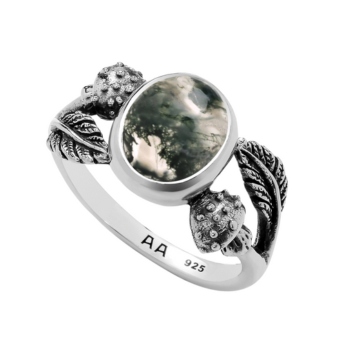 Sterling silver toadstool moss agate fern woodland forest ring