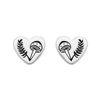 Heart Fern toadstool mushroon stud earring nature inspired alternative boho sterling silver jewellery. 